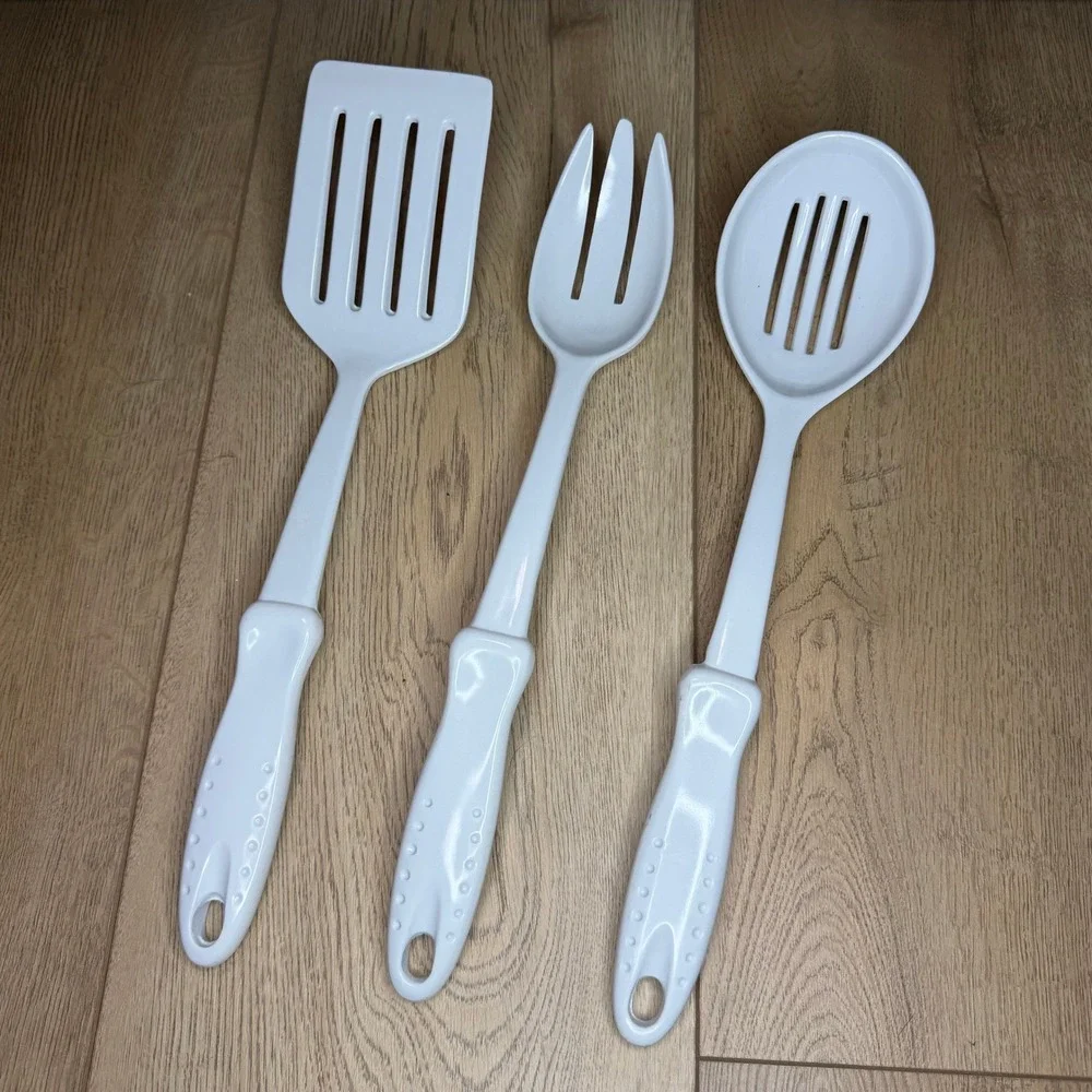Vtg White Melamine Kitchen Utensil Set Slotted Spoon Spatula Serving Fork 3pc